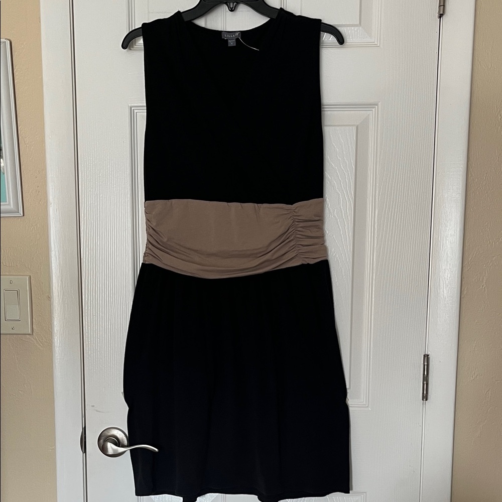 Lilla P pullover pima modal midi dress black tan rushed waist band sleeveless XL
